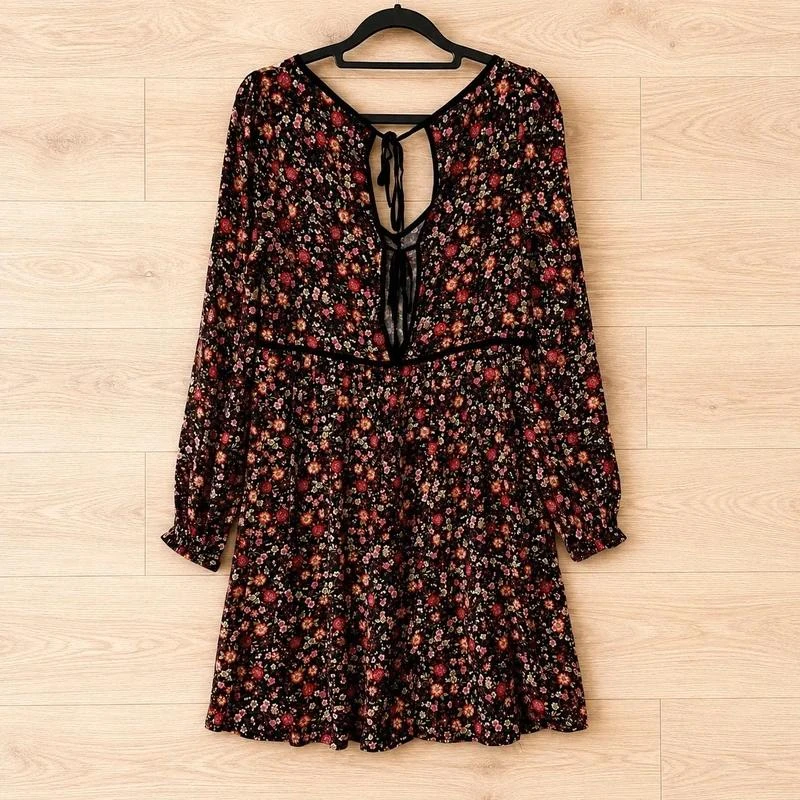 Naf naf Korte zwarte gebloemde jurk maat 34 XS lange mouwen bohemien romantisch – photo 2